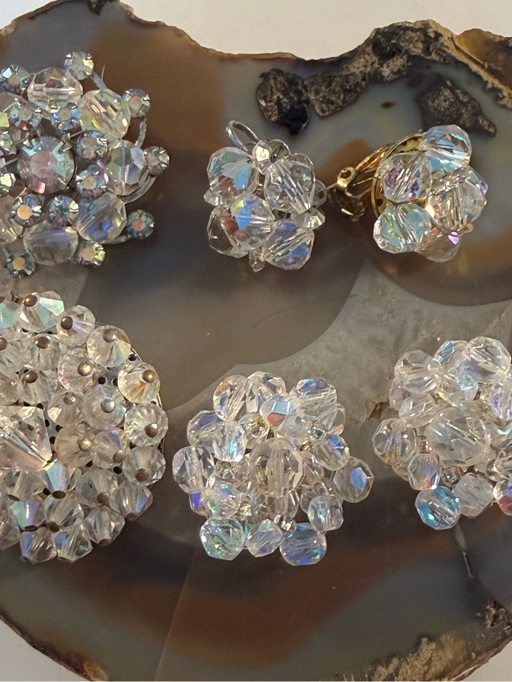 Vintage glass AB Cluster brooch w Clip-On Earrings - 2 Set  ur Choice!